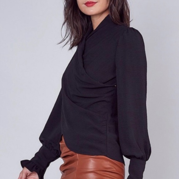 Black Longsleeve Crossover Dressy Top - Picture 2 of 3